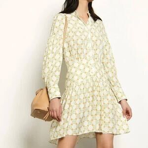Sandro Magy Floral Jacquard Mini Dress Ivory Long Sleeve Shirtdress